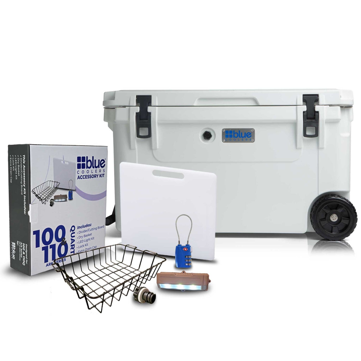 Blue Coolers - 110 Quart Starter Bundle With Wheels - Includes Accessory Kit - Arctic White Color