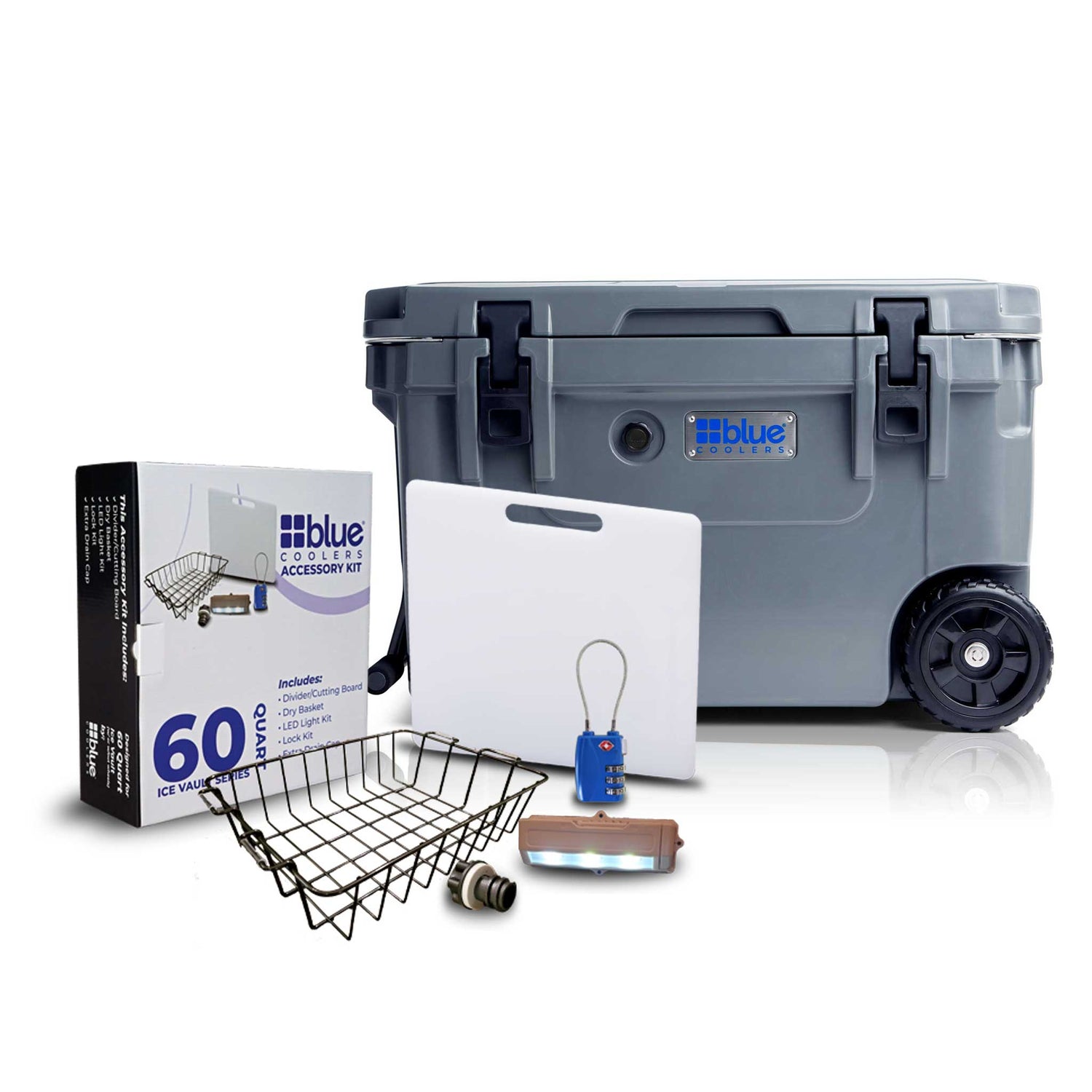 Blue Coolers - 60 Quart Starter Bundle with WHEELS - Includes Accessory Kit - Promo - Charcoal Gray