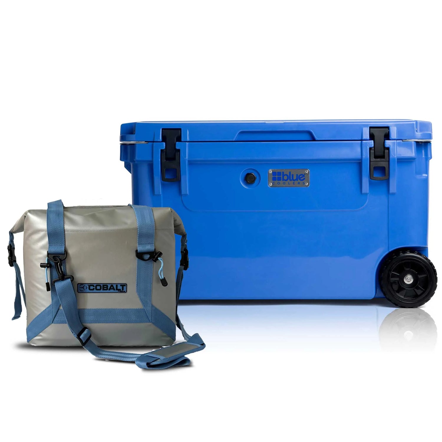 Blue Coolers - 110Q Roto Molded Cooler with Wheels + Free Soft Sided Tote Cooler - Blue