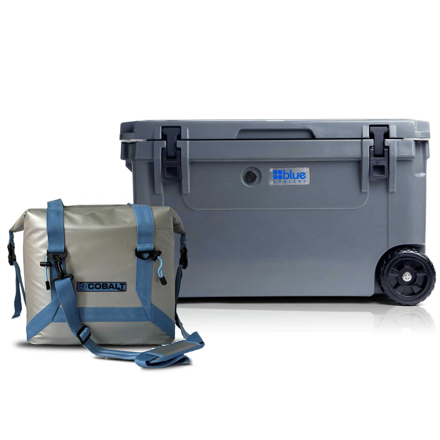 Blue Coolers - 110Q Roto Molded Cooler with Wheels + Free Soft Sided Tote Cooler - Gray