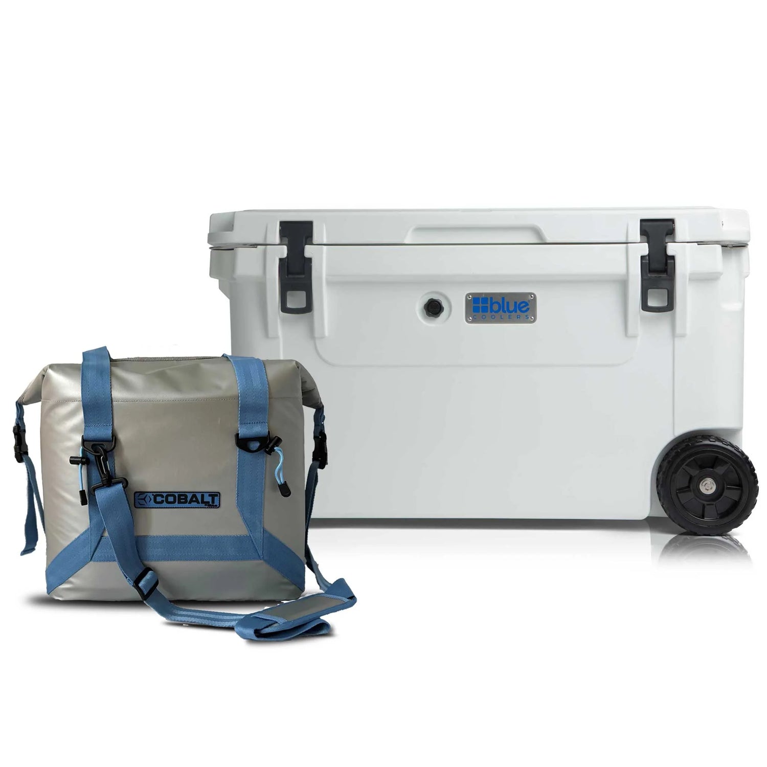 Blue Coolers - 110Q Roto Molded Cooler with Wheels + Free Soft Sided Tote Cooler - White