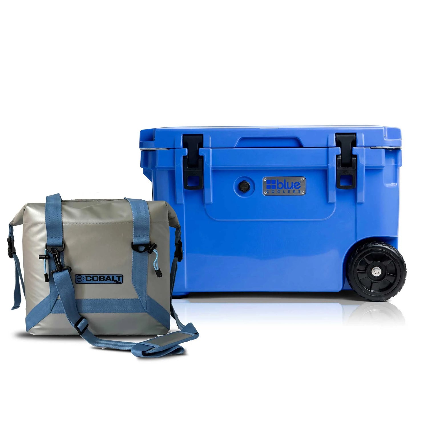 Blue Coolers - 60Q Roto Molded Cooler with Wheels + Free Soft Sided Tote Cooler - Blue