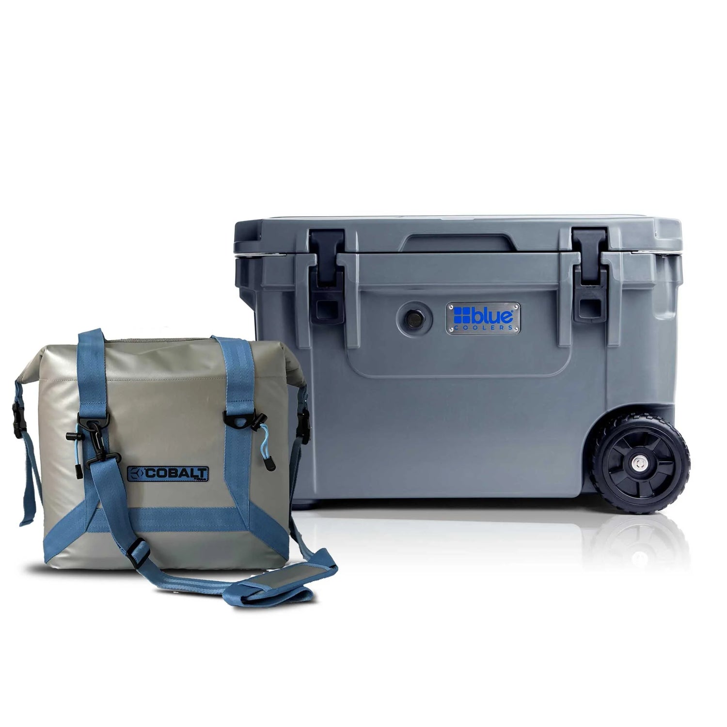 Blue Coolers - 60Q Roto Molded Cooler with Wheels + Free Soft Sided Tote Cooler - Gray