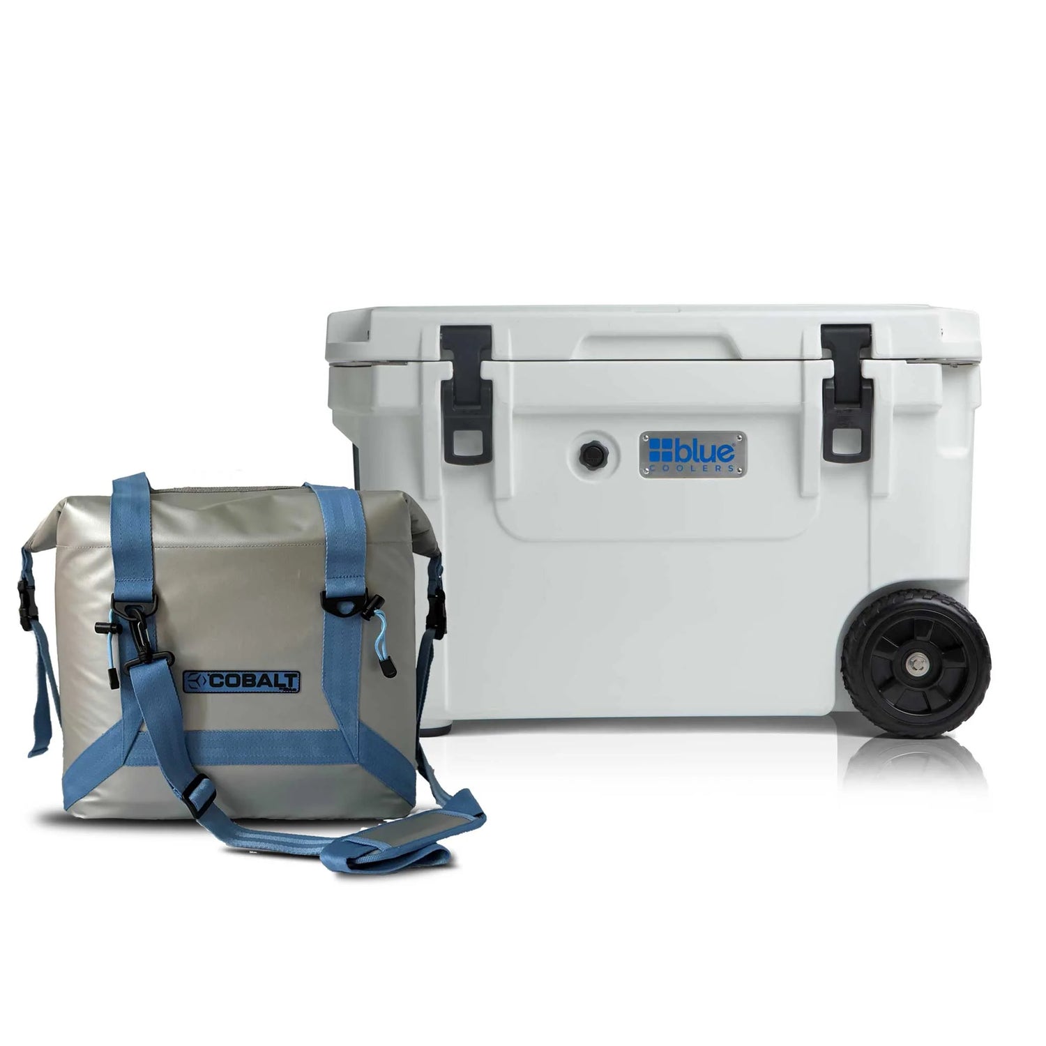 Blue Coolers - 60Q Roto Molded Cooler with Wheels + Free Soft Sided Tote Cooler - White