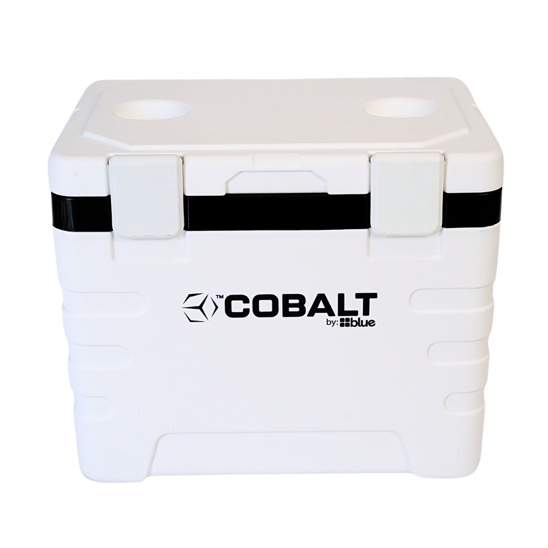 Blue Coolers - Cobalt 37 Quart Weekender Cooler- White - Front View, Handle Behind