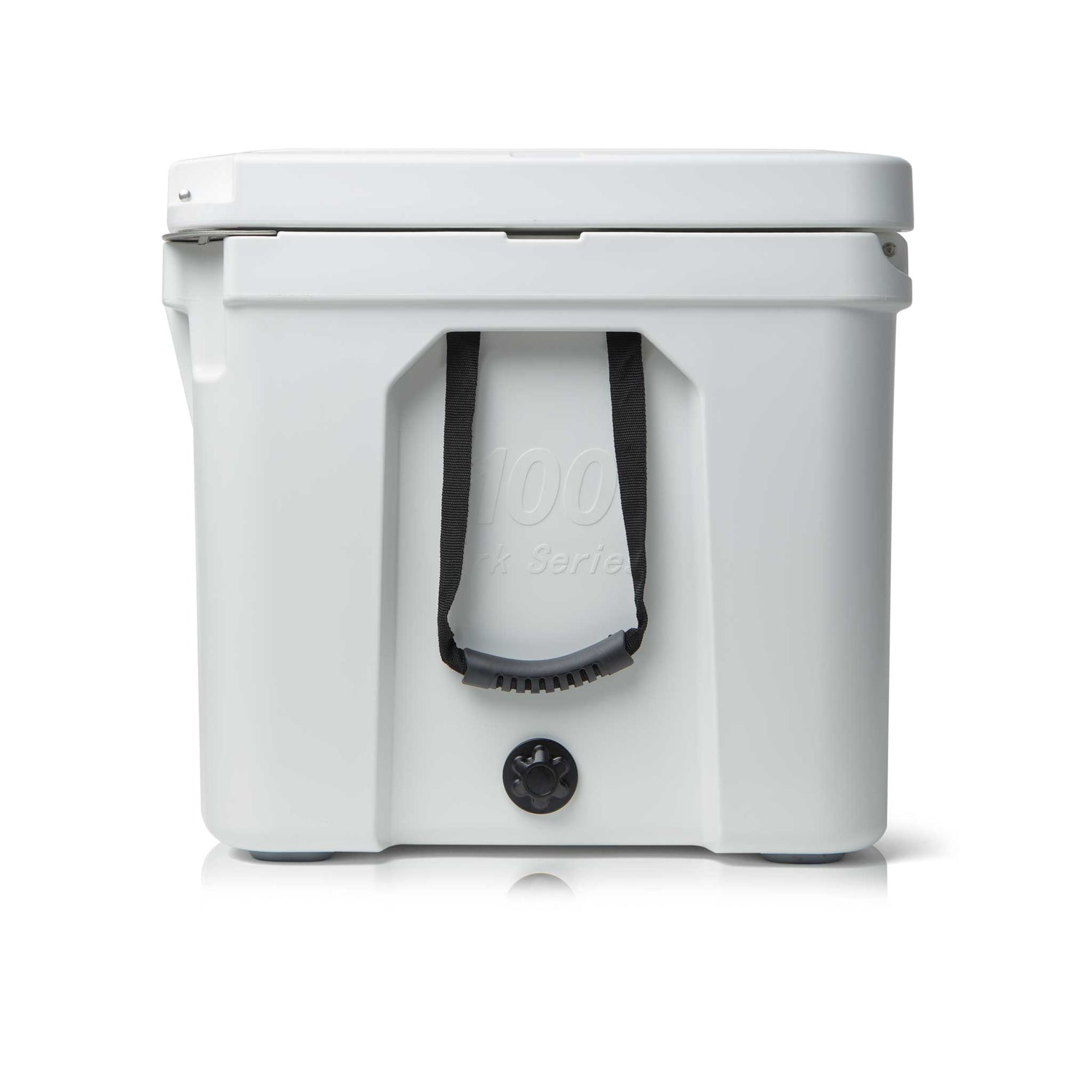 Blue Coolers - 100 Quart Ark Series Roto-Molded Cooler - Arctic White Color - Side View With Handles
