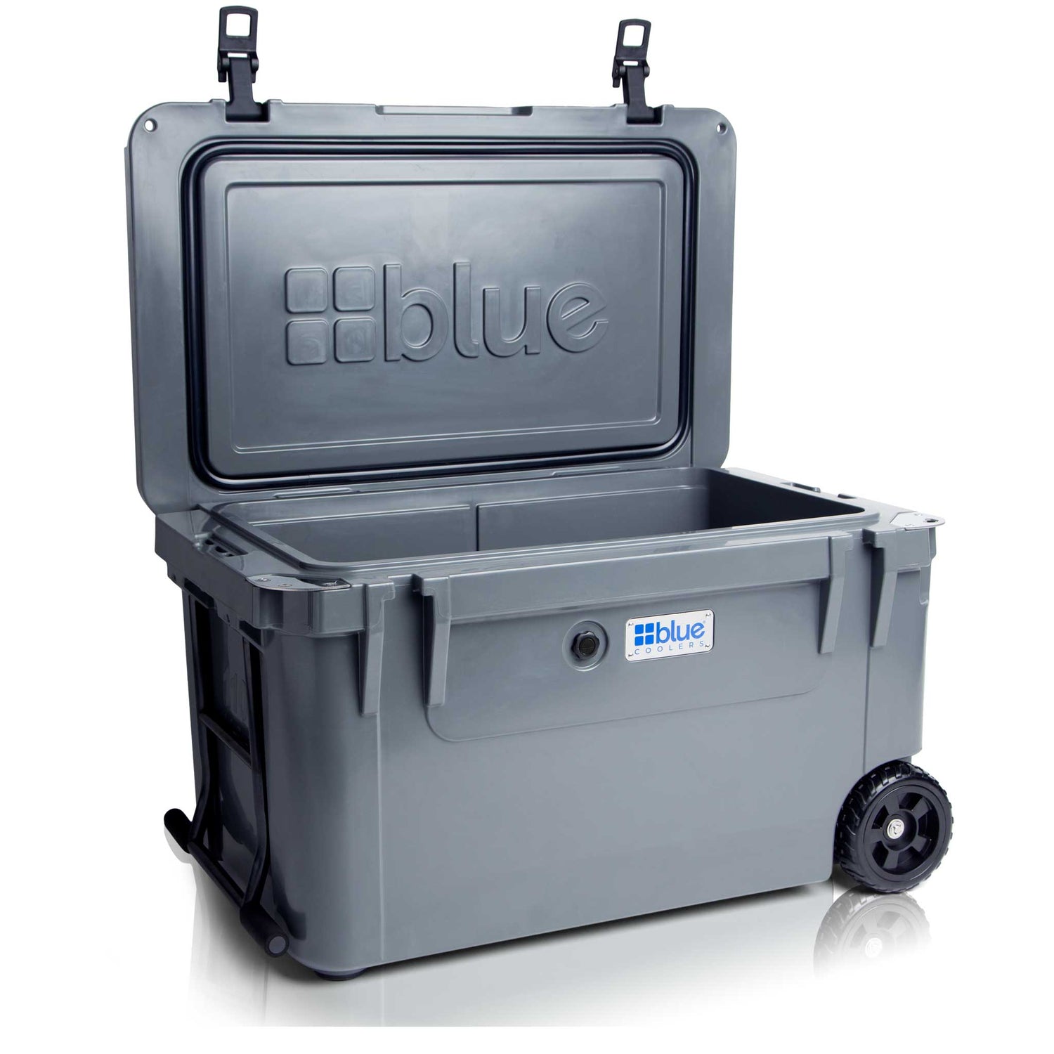 Blue Coolers - 110 Quart Ark series Roto-Molded Wheeled Cooler - Charcoal Gray Color - Open Lid