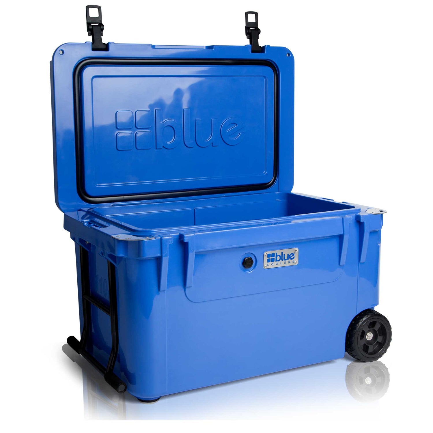 Blue Coolers - 110 Quart Ark series Roto-Molded Wheeled Cooler - Trademark Blue Color - Open Lid