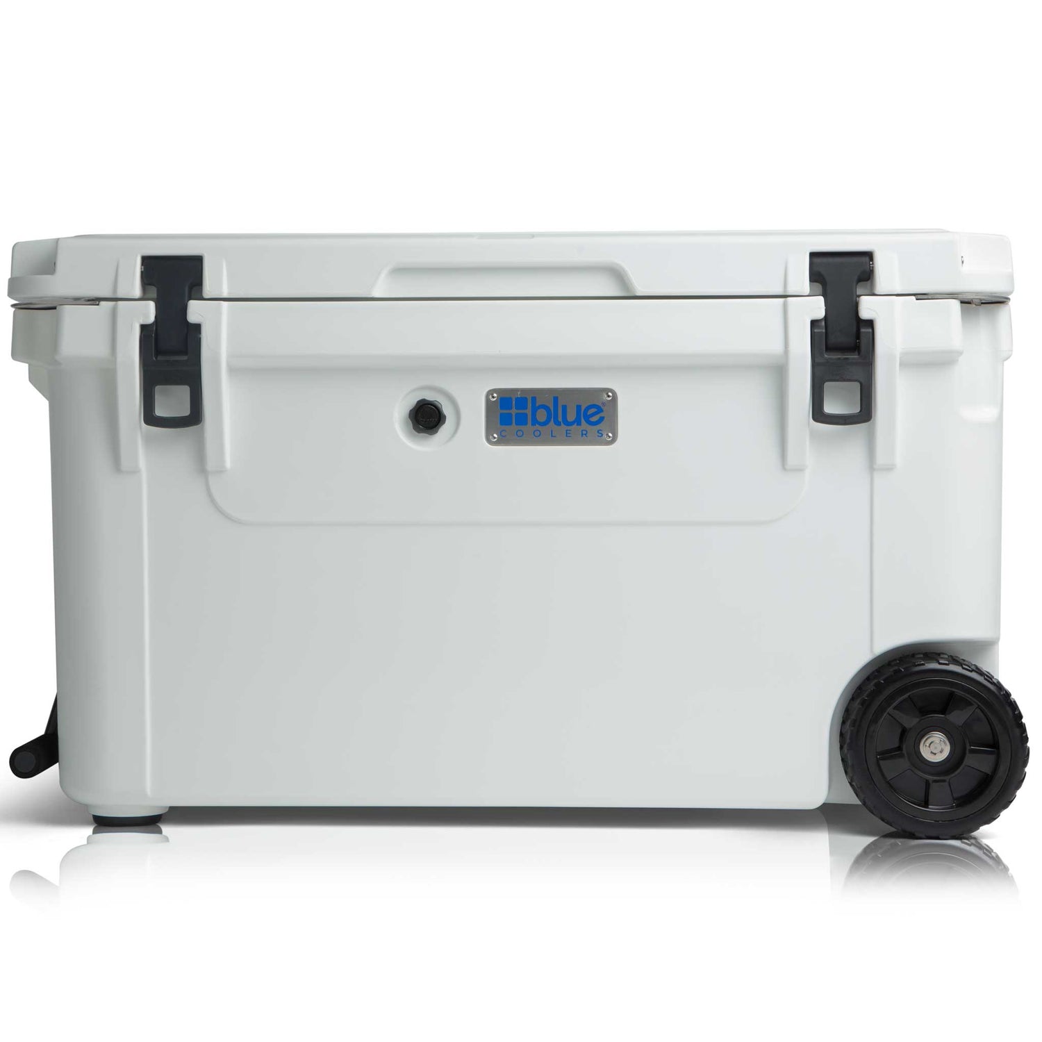 Blue Coolers - 110 Quart Ark series Roto-Molded Wheeled Cooler - Arctic White Color - Front View