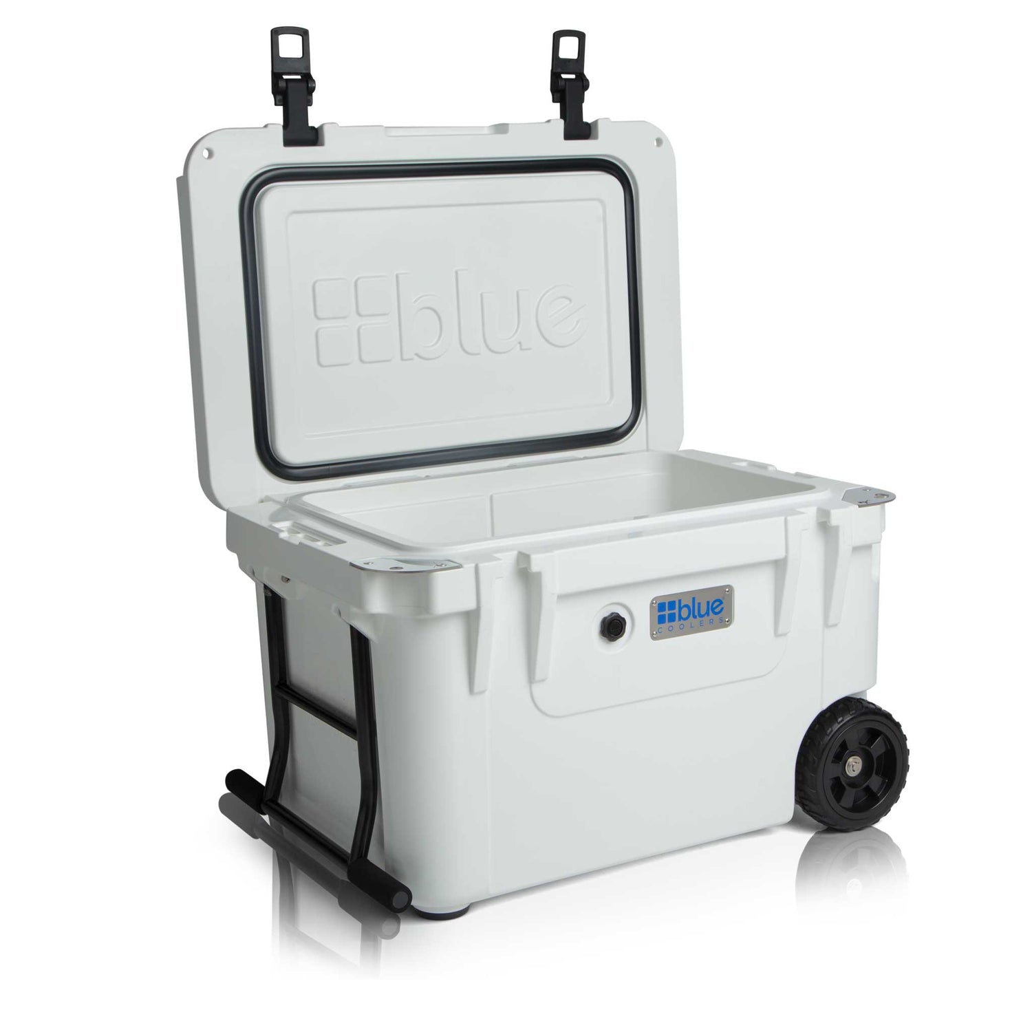 Blue Coolers - 60 Quart Ice Vault Roto-Molded Cooler with Wheels - Arctic White - Open Lid