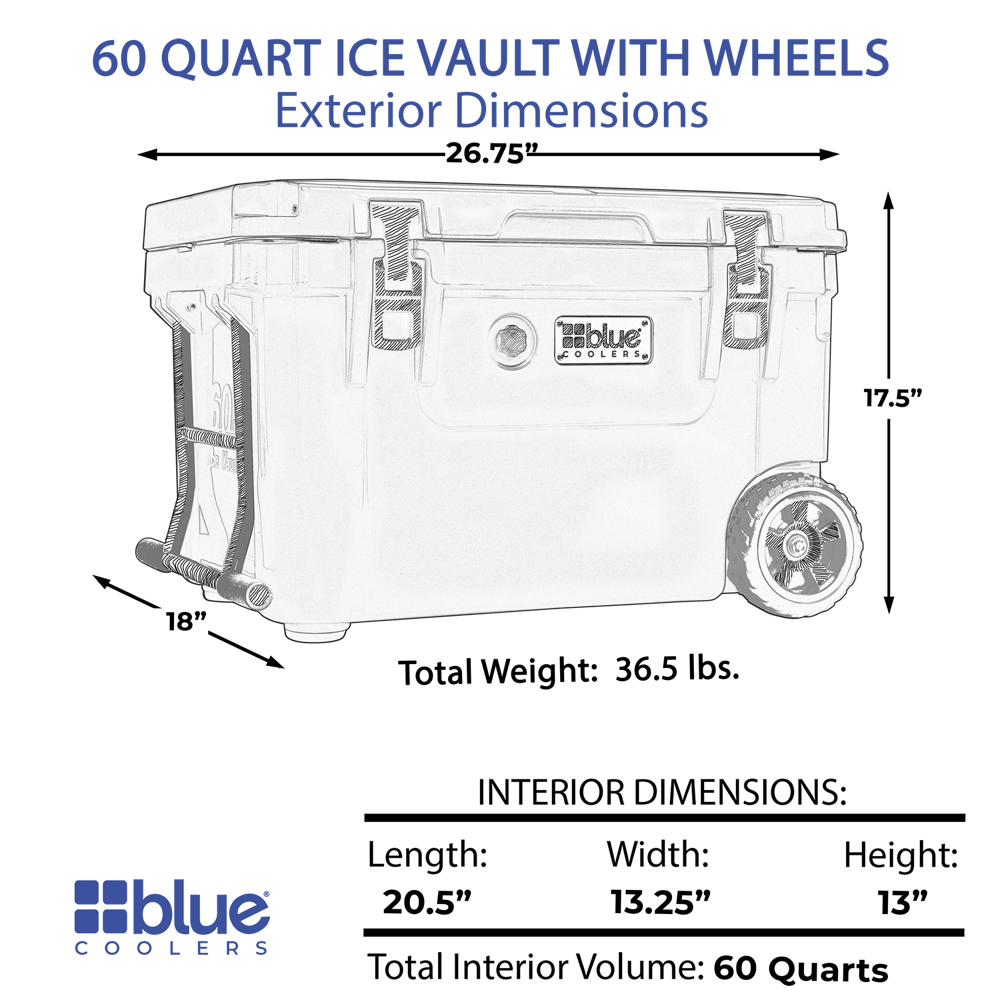Blue Coolers - 60 Quart Ice Vault Roto-Molded Cooler with Wheels - Custom - Dimensions