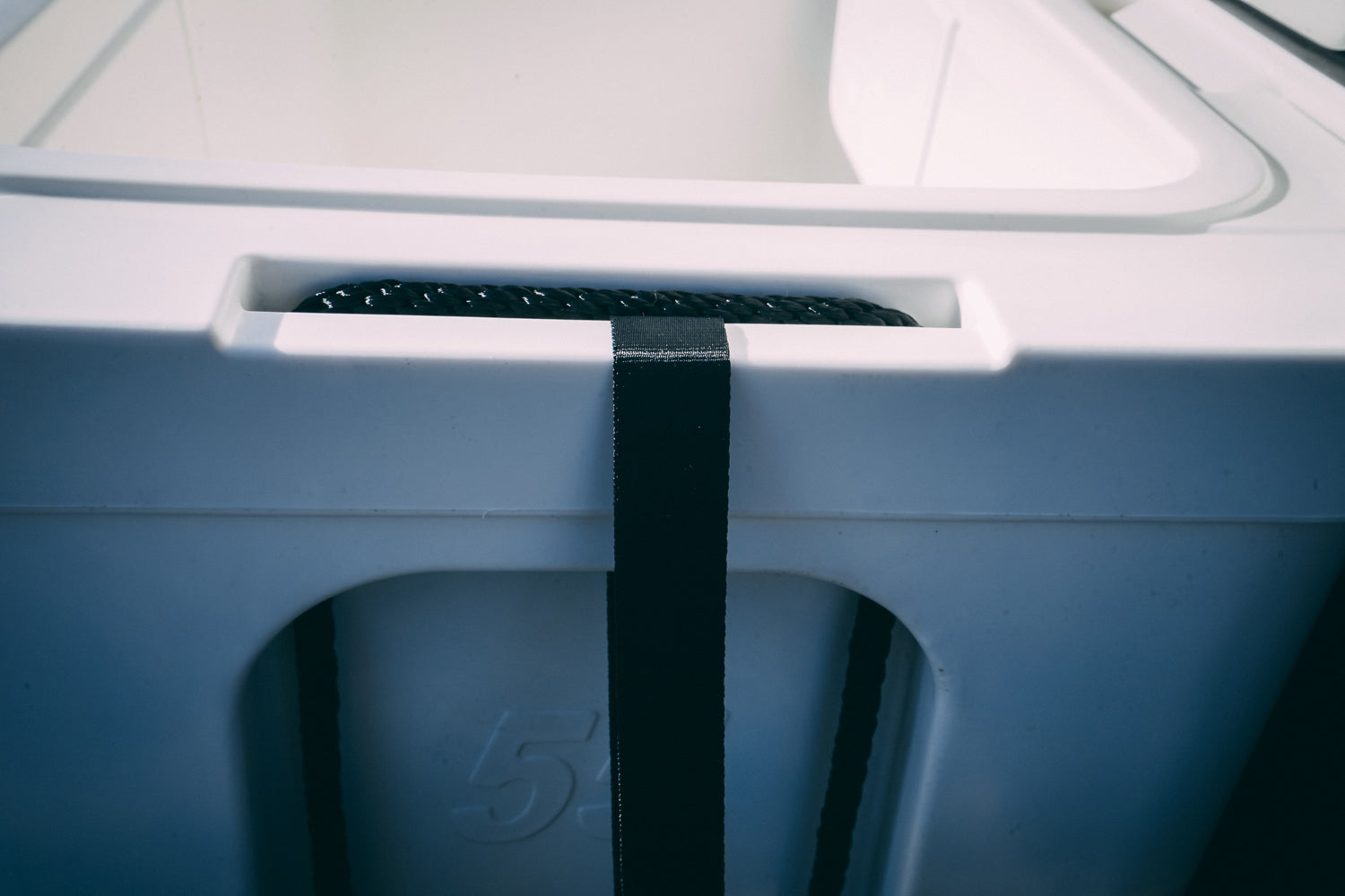 Blue Coolers - Universal Blue Coolers Tie-Down Kit Accessory - Example Attachment to Handle of White Cooler