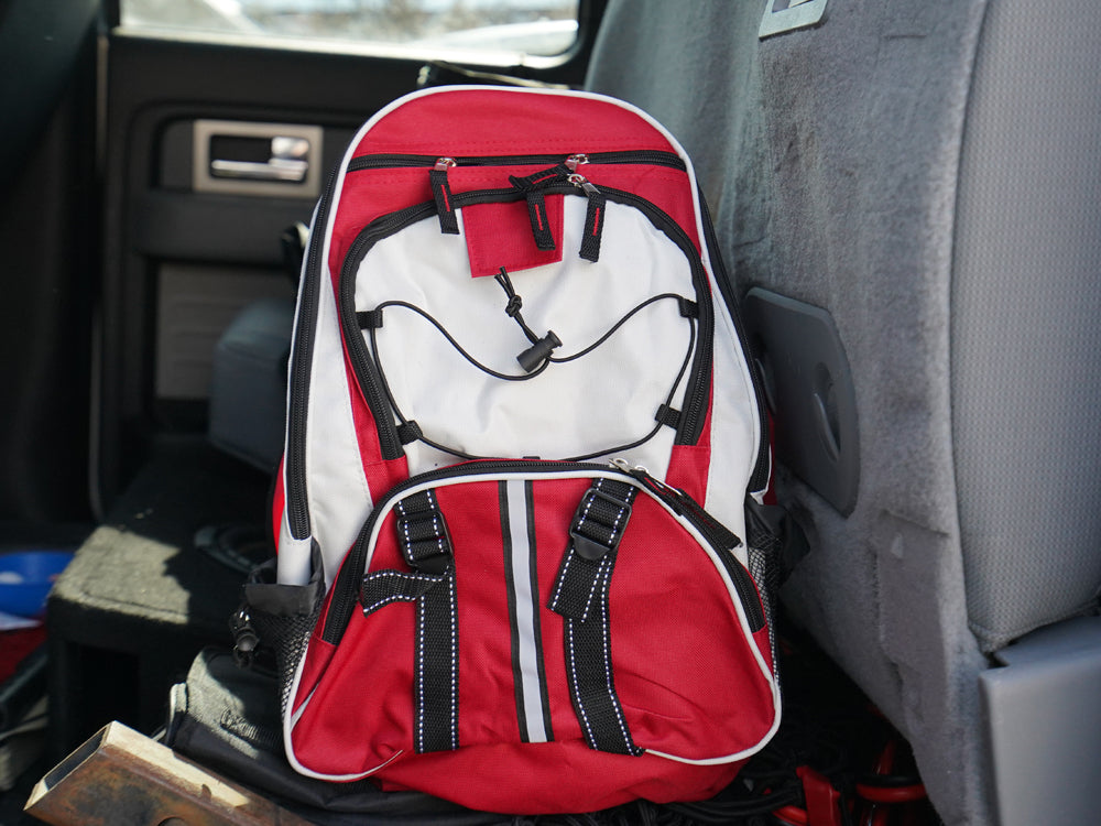 Blue Coolers - Blue Seventy-Two PRO SERIES - Deluxe 3 Day Emergency Kit for 1 Person - Red and White Example in Car