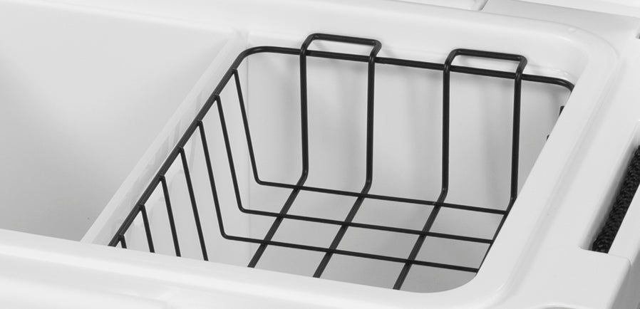 Blue Coolers - Dry Basket Accessory for 55 Quart Cobalt Coolers - Example Fit Close-up in Arctic White Cooler