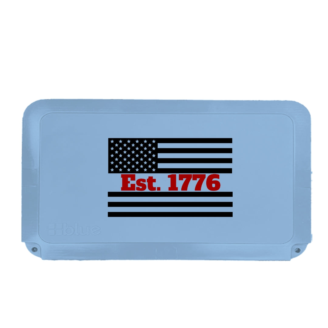 Blue Coolers - Custom Patriotic Cobalt 55 Quart with Wheels Roto-Molded Super Cooler - Light Blue, Est. 1776 Flag