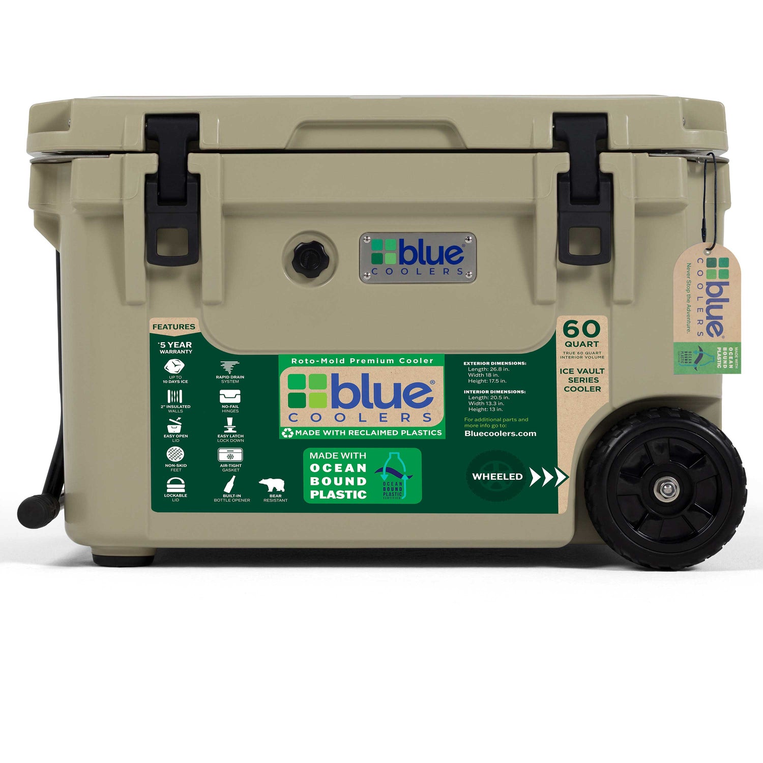 Ocean Bound Reclaimed Plastics 60 Quart Roto-Molded Cooler with Wheels