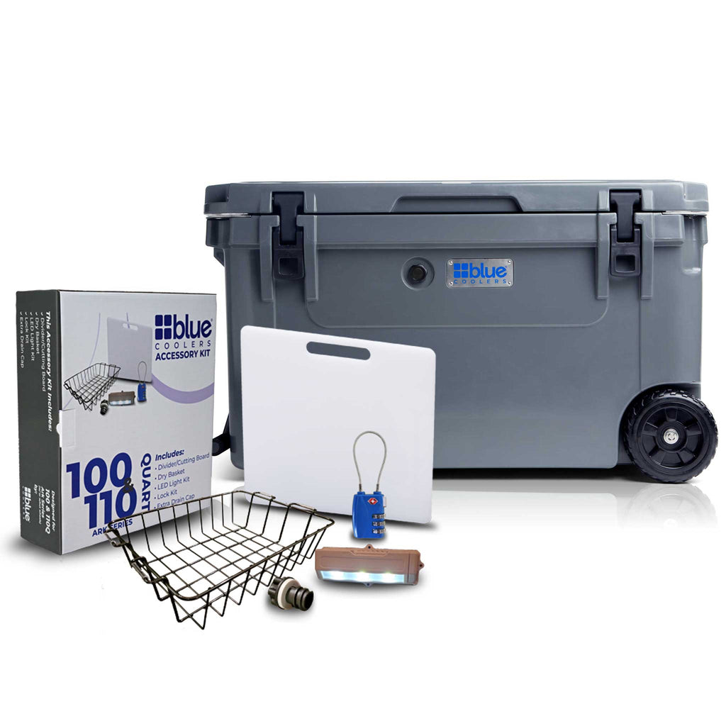 Blue Coolers - 110 Quart Starter Bundle With Wheels - Includes Accessory Kit - Charcoal Gray Color