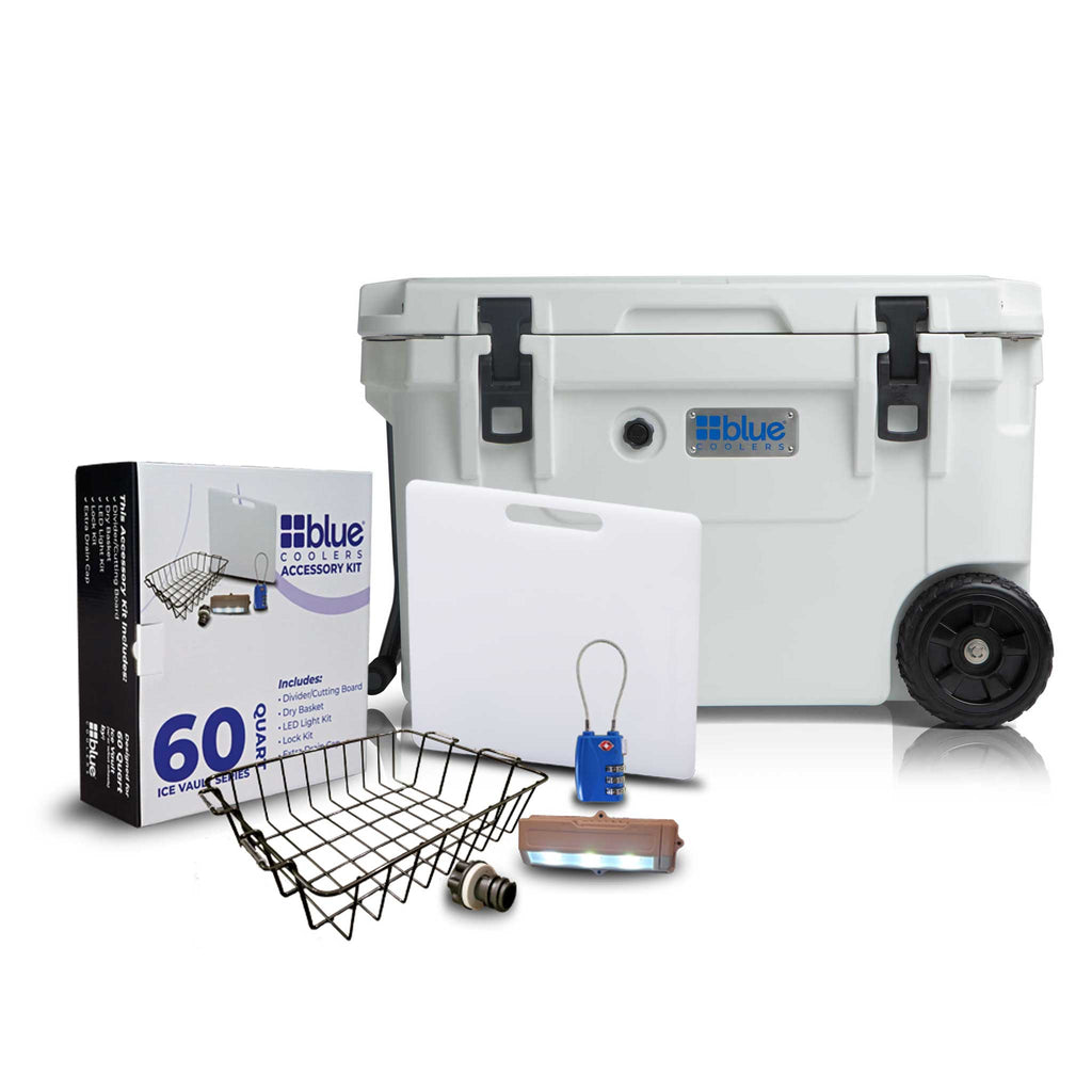 Blue Coolers - 60 Quart Starter Bundle with WHEELS - Includes Accessory Kit - Promo - Arctic White