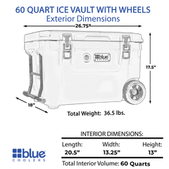 Blue Coolers - 60 Quart Ice Vault Roto-Molded Cooler with Wheels - Custom - Dimensions